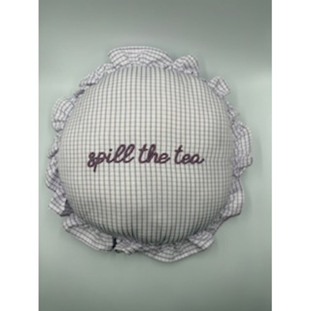 Spill the Tea Throw Pillow Purple Gingham Grandmillennial Ruffle Coquette Round